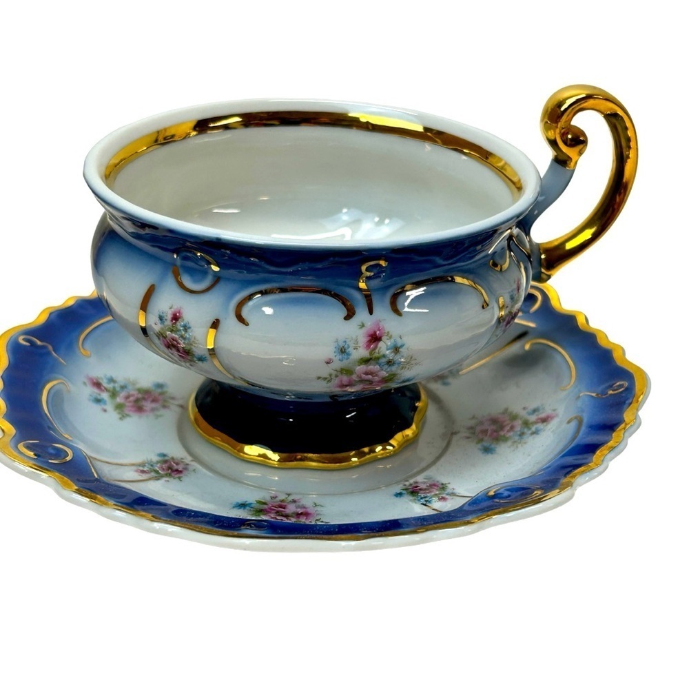 Chodov 1866 Footed Cup and Saucer Set OS Blue Good Vintage Floral Gold Trim